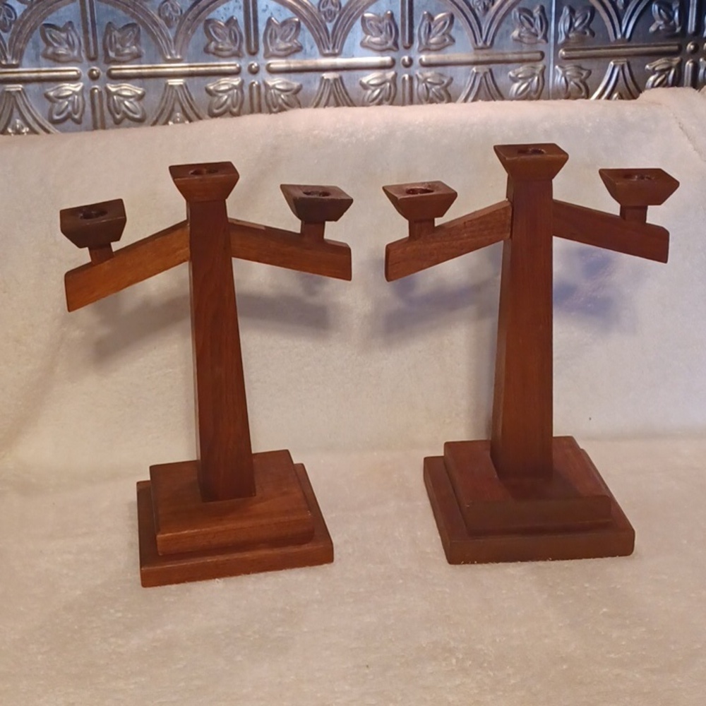 Vintage handcrafted hardwood candle holders set of 2